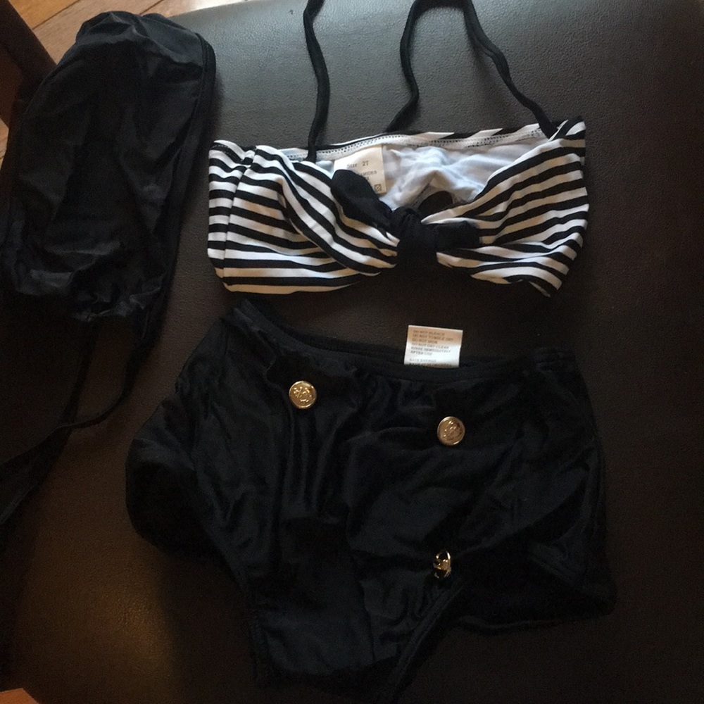 Girls three piece bikini Sailor style Navy and wh